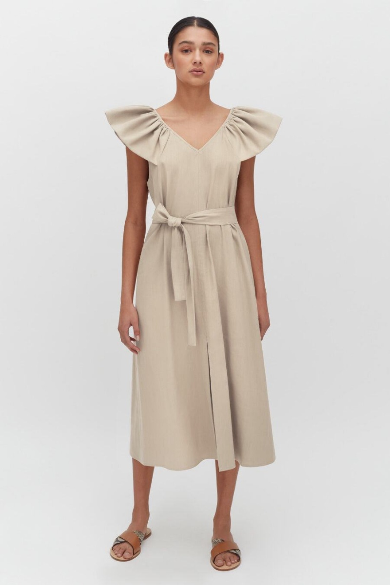 Cuyana Linen Flutter Sleeve Kleid Damen Braun | RNA8559PD