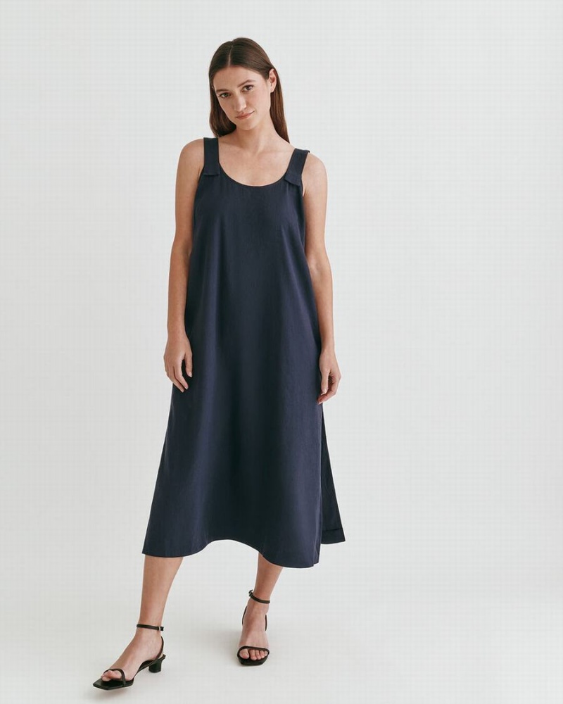 Cuyana Linen Gathered Back Kleid Damen Navy | GRW8821UK