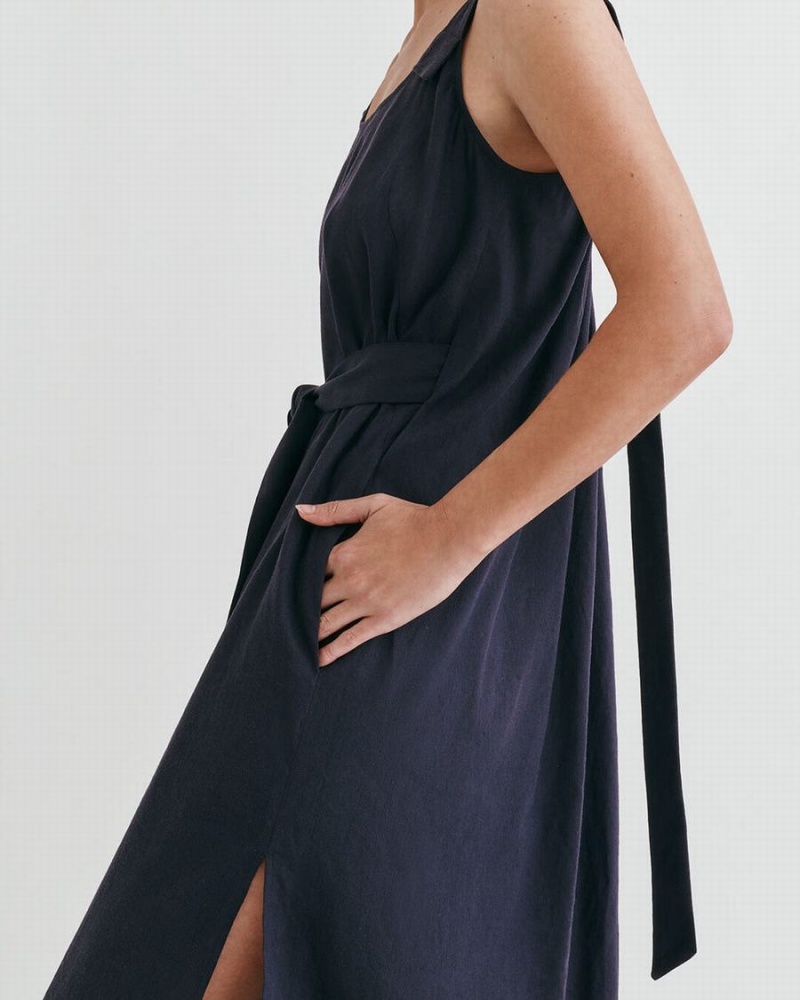 Cuyana Linen Gathered Back Kleid Damen Navy | GRW8821UK