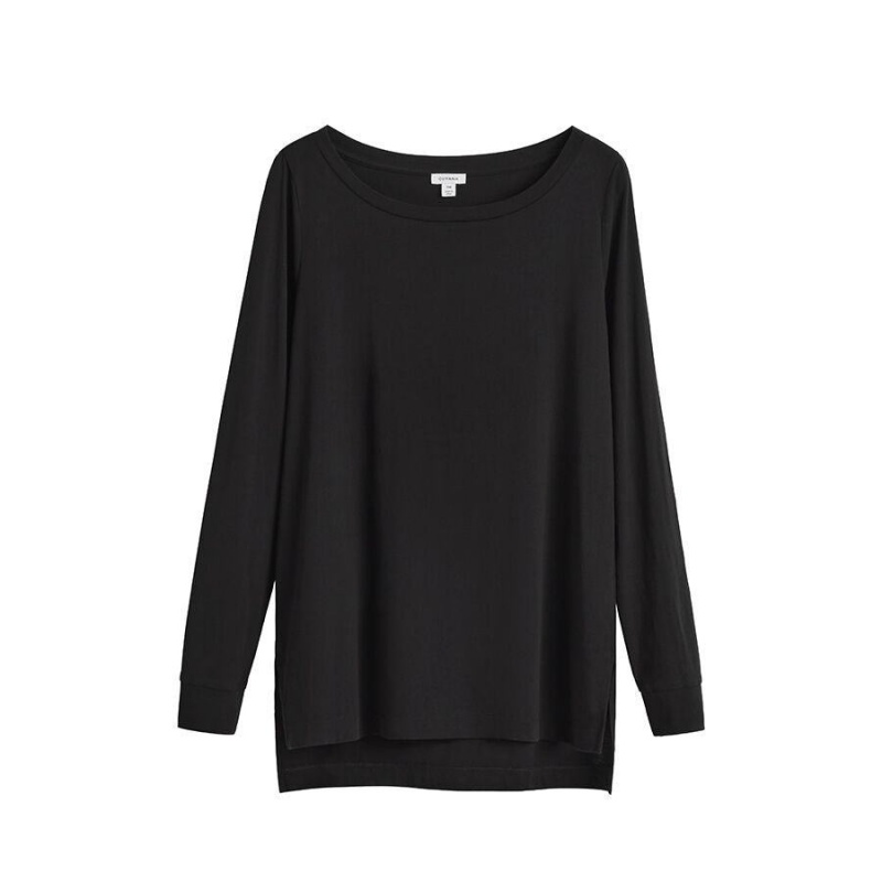 Cuyana Pima Boatneck Long Sleeve Tee T-shirts Damen Schwarz | PON5672PY