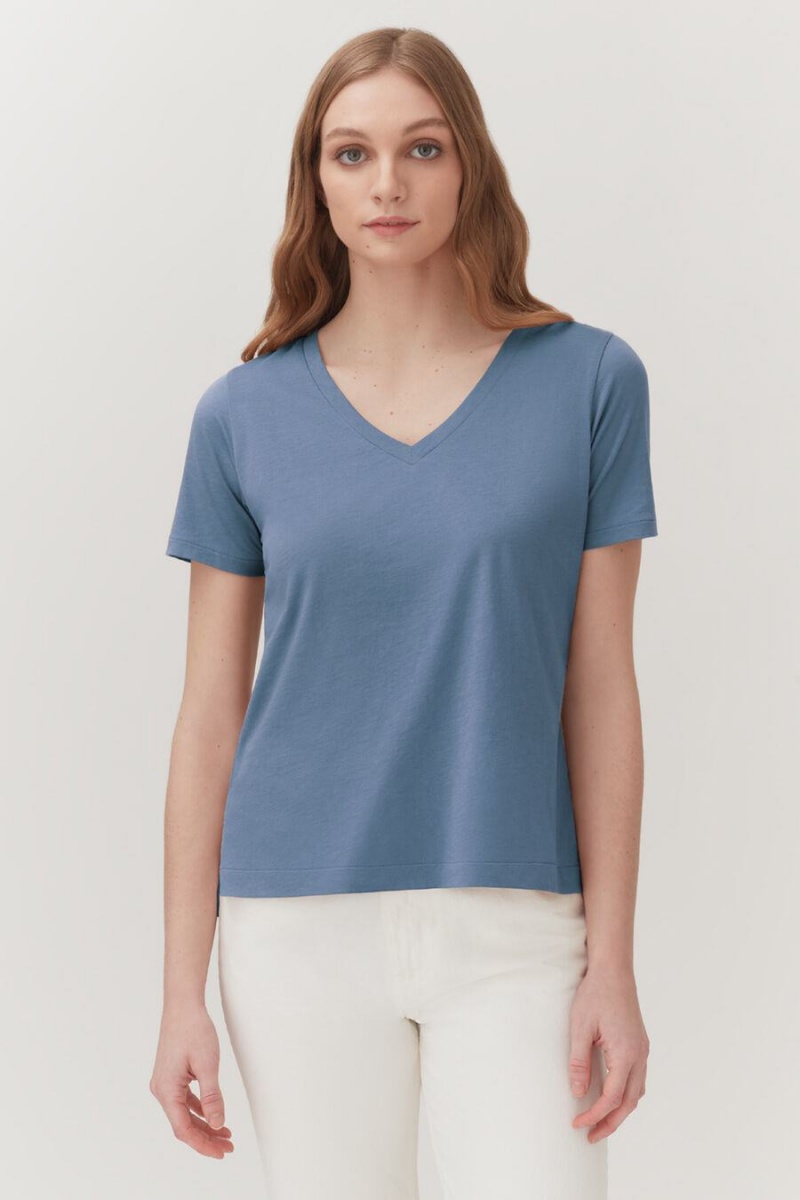 Cuyana Pima V-Neck Tee T-shirts Damen Blau | SGT6499FM