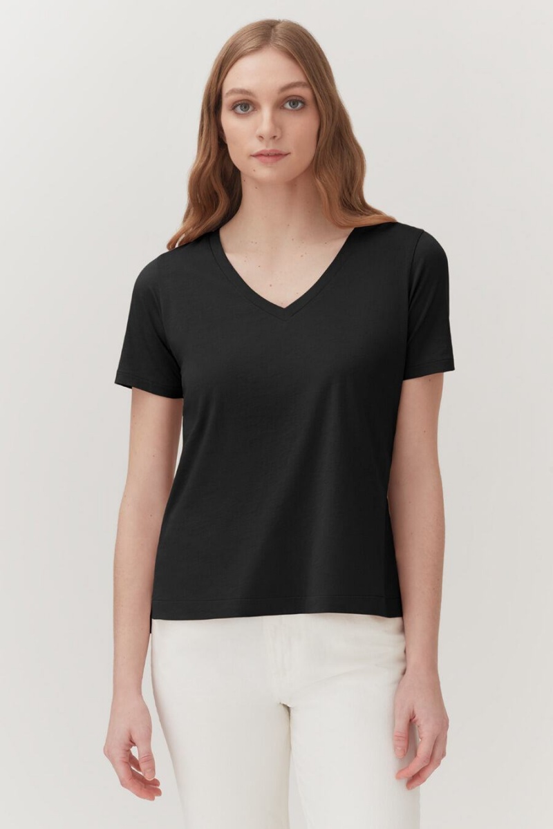 Cuyana Pima V-Neck Tee T-shirts Damen Schwarz | IDR7939SI