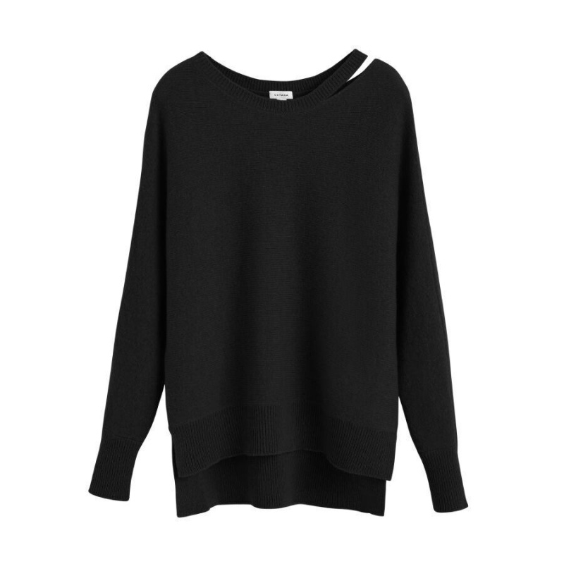 Cuyana Recycled Cashmere Split-Neck Pullover Damen Schwarz | AUV9330AD