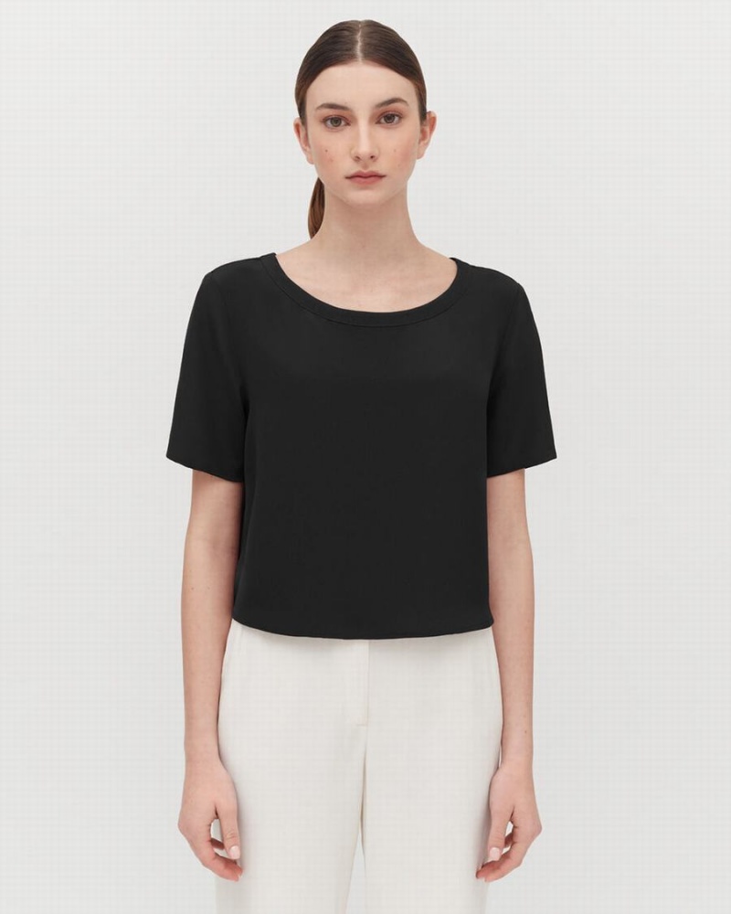 Cuyana Silk Cropped Crewneck Tee T-shirts Damen Schwarz | DDC8927DY