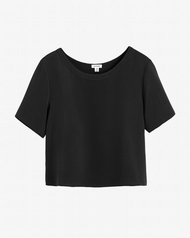 Cuyana Silk Cropped Crewneck Tee T-shirts Damen Schwarz | DDC8927DY