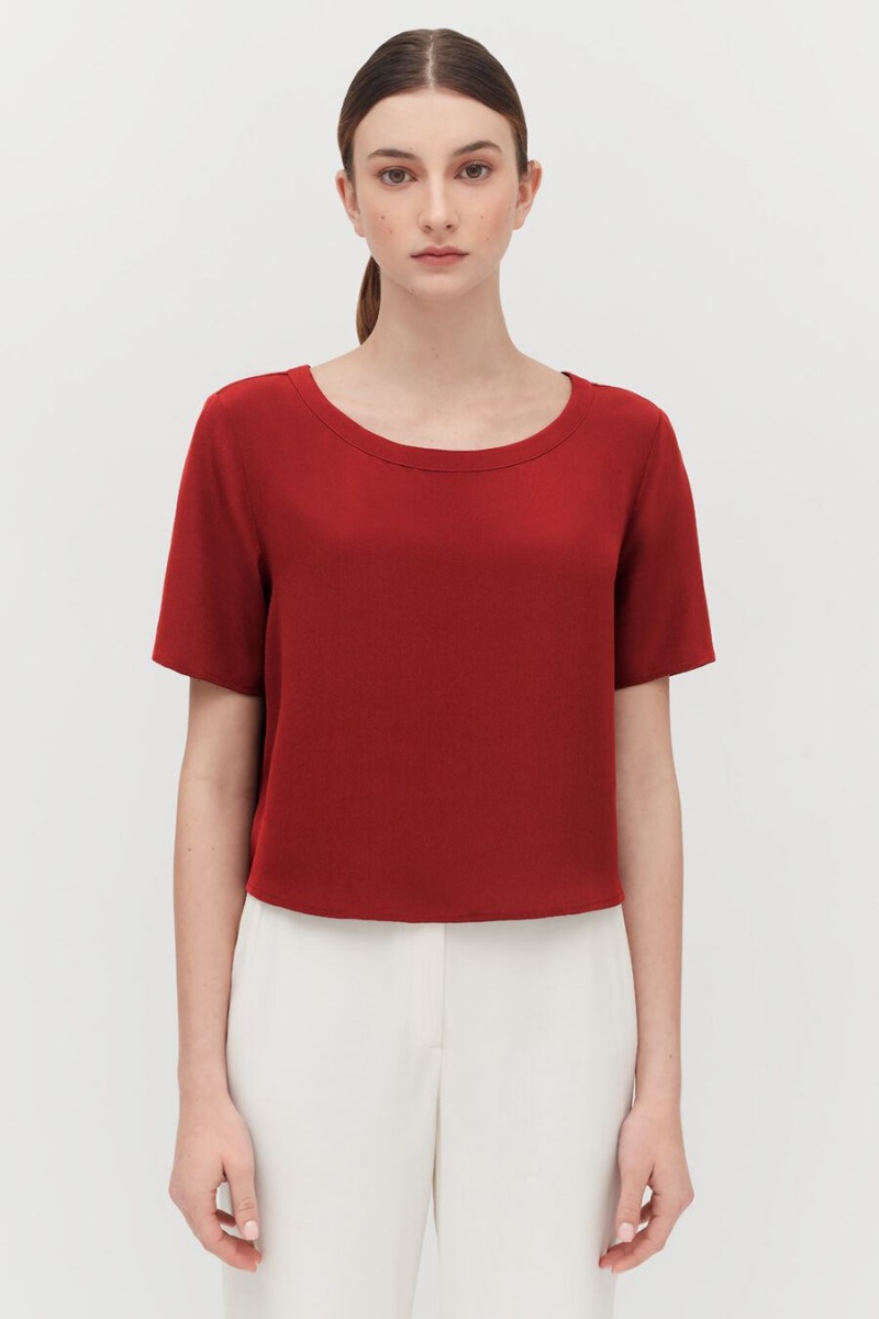 Cuyana Silk Cropped Crewneck Tee T-shirts Damen Rot | ELT5929GV