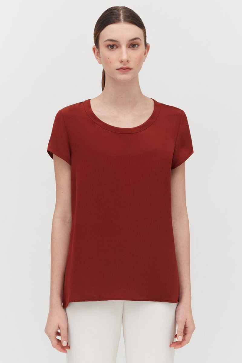 Cuyana Silk High-Low Tee T-shirts Damen Dunkelrot | SAC3813OI