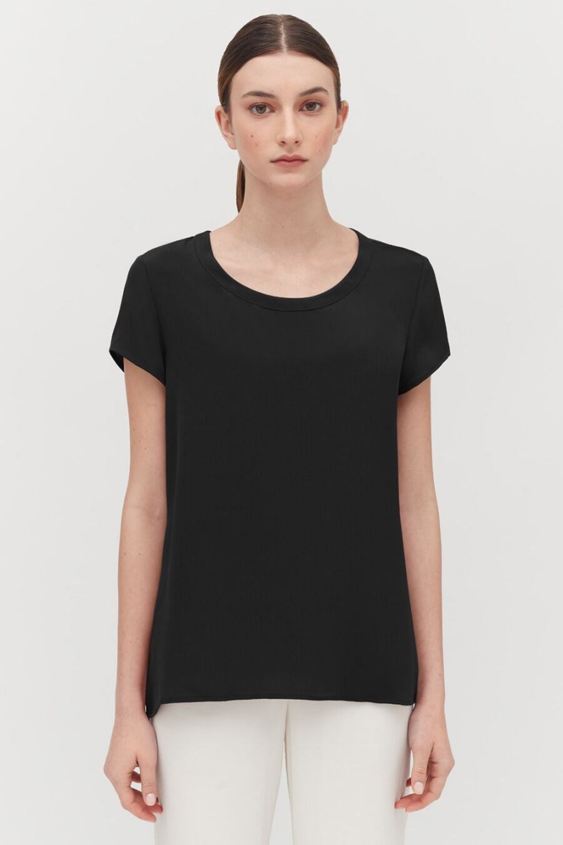 Cuyana Silk High-Low Tee T-shirts Damen Schwarz | IMN9651QL