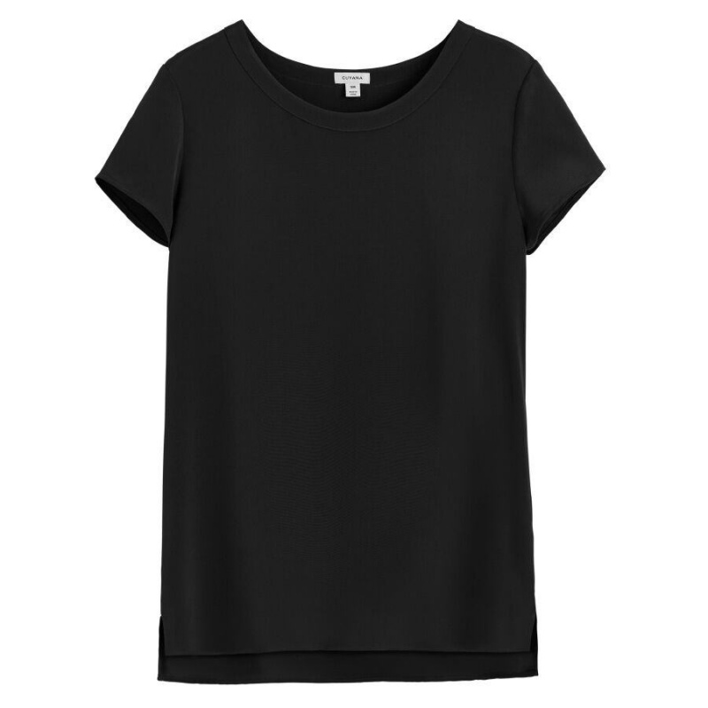 Cuyana Silk High-Low Tee T-shirts Damen Schwarz | IMN9651QL