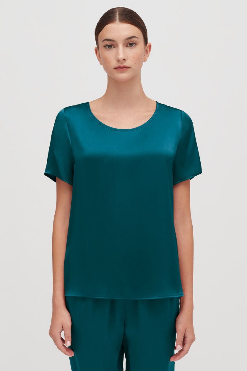 Cuyana Washable Charmeuse High-Low Top T-shirts Damen Blau | TON3713LH